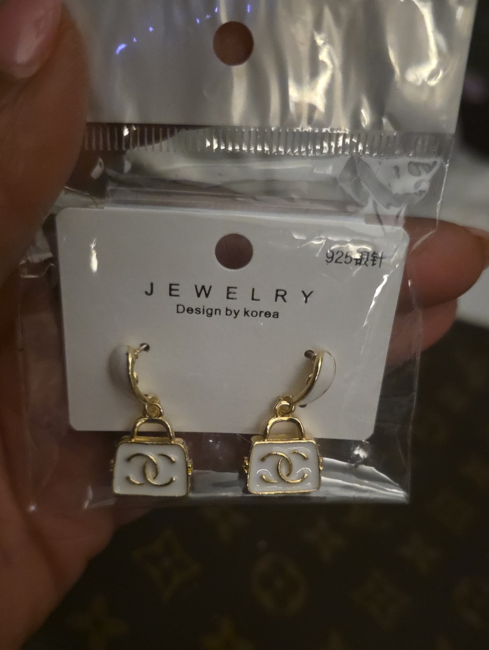 Gold and White Mini Handbag Drop Earrings